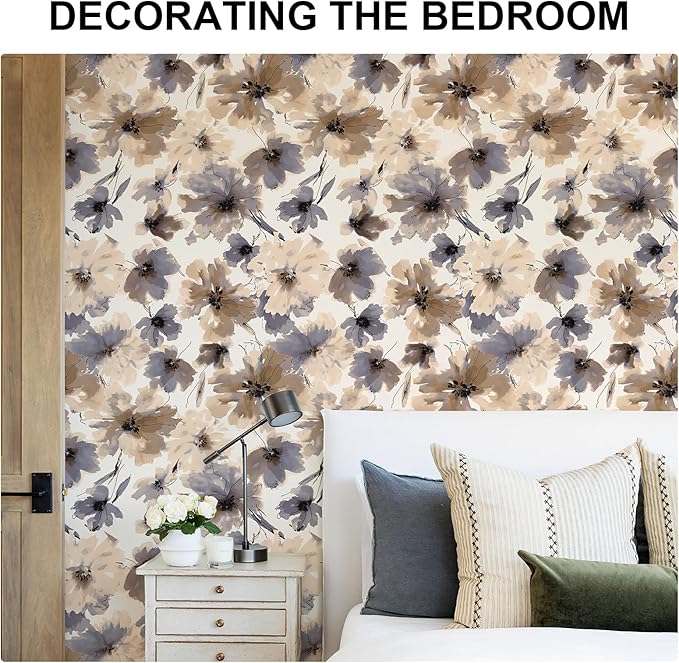 JiffDiff Floral Peel and Stick Wallpaper, Purple Watercolor Flower Contact Paper Peel and Stick for Bedroom Bathroom, Brown Vintage Removable Waterproof Self Adhesive Wall Paper 118"X17.3"(14 sq. ft)