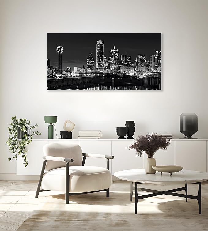 NAN Wind 1 Pcs Dallas Skyline Canvas Wall Art Black White Cityscape Night Scene Modern City Giclee Prints on Canvas Framed Urban Home Decor Skyscrapers Picture Painting for Room Decor