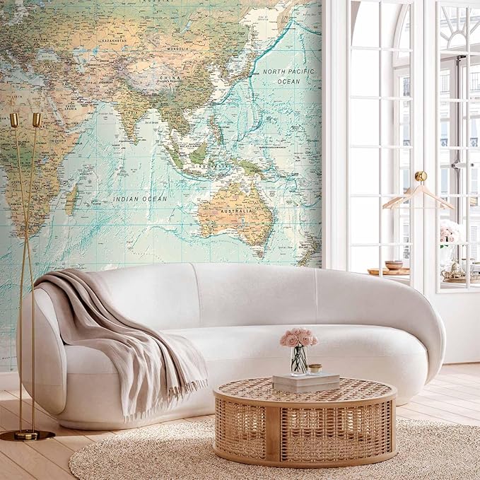 artgeist Premium Wall Mural World Map 177x124 in - XXL Non-Woven Wallpaper Fleece Wall Decor Photo Print Picture Image Design Home Map of The World k-A-0091-a-d