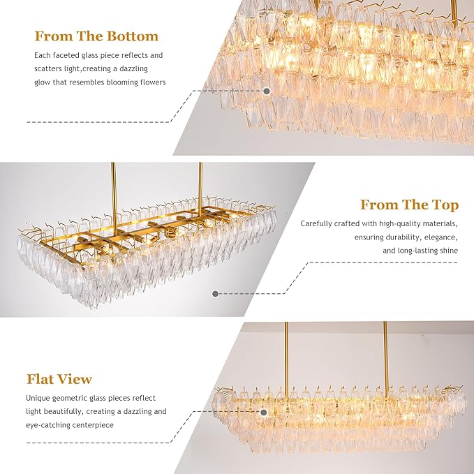 Modern Gold Rectangular Chandeliers for Dining Room, 14-Light 4 Tiered Crystal Brass Chandelier Over Dining Table, Glass Crystal Chandeliers for Kitchen Island, Long Chandelier for Living Room