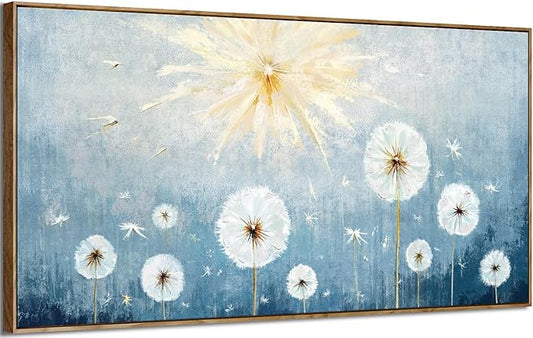 Nicetop Extra Large Framed Artwork for Walls– Giant Blue Floral Wall Picture with Wood Frame Dandelion Flower Plant Canvas Print Landscape Wall Art for Big Living Room,Office or Bedroom, 58x29Inch
