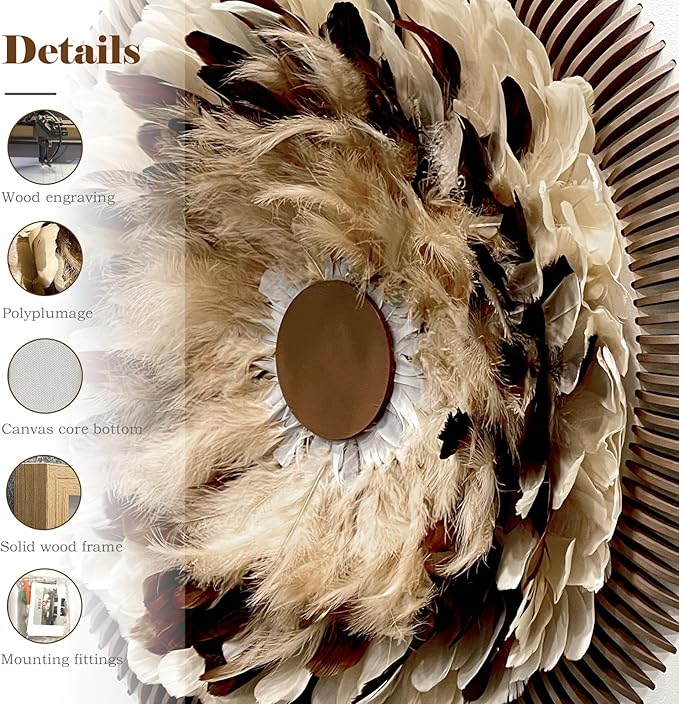 BrightA Handmade Bohemian Wall Art Circular Feather and Leather Wall Sculpture with Organic Textured Gray Backdrop Boho Decor for Living Room Study Spaces 59"x59"