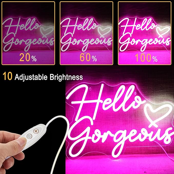 Neonwall Hello Gorgeous Neon Sign for Wedding, Led Neon Light Sign for Bedroom Room Decor Birthday Party USB Operated Game Center Neon Light for Art Gift 22" （Pink +White Heart)