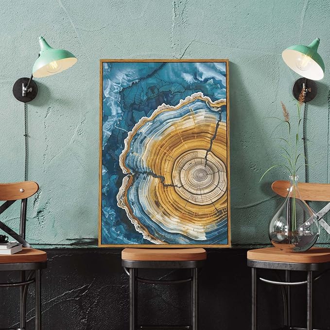 BingruiArt Framed Tree Ring Canvas Wall Art Abstract Wood Wall Decor Boho Modern Colorful Nature Painting Wood Stump Prints Pictures for Living Room Bedroom Bathroom Office 16"x24" Natural Framed(07)
