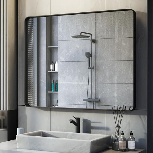 Black Bathroom Mirror for Wall, 36x28 Inch Matte Black Framed Bathroom Vanity Mirror for Farmhouse Living Room Bedroom, Anti-Rust, Tempered Glass, Horizontal/Vertical