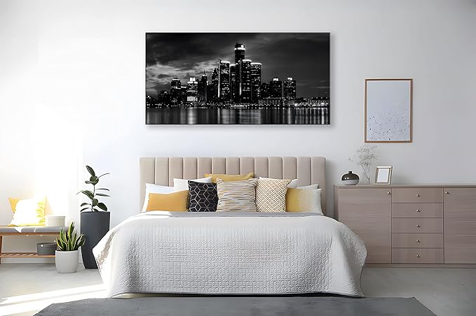 NAN Wind Detroit Skyline Canvas Wall Art Cityscape Night Scene Black & White City Art Print on Canvas Modern Giclee Framed Painting for Room Decor Home Decor Detroit Skyline Picture Prints