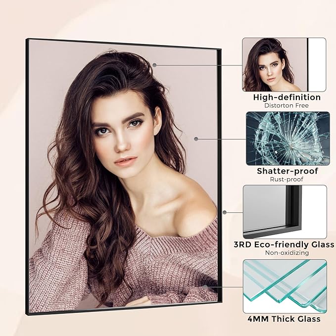 20x30 Inch Black Bathroom Mirror for Wall, Aluminum Frame Rectangle Rectangular Vanity Mirror, Modern Large for Bedroom, Living Room, Horizontal or Vertical