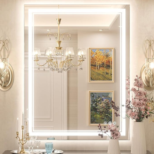 Keonjinn LED Bathroom Mirror with Light, 28x36 in Frontlit and Backlit, Stepless 3 Colors Temperature & Dimmable Wall Mirror, UL Listed LED Driver, Double LED Strips, Tempered Glass LED Vanity Mirror