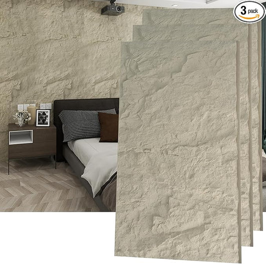 KASARO 3D Faux Stone PU Wall Panels, 3 Pieces Wainscoting Panel Accent for Interior Wall Decor, Waterproof Wall Covering, 47.24 × 23.62 inch, Cement Lily