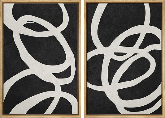 MUDECOR Framed Canvas Print Wall Art Set Black White Spiral Ring Circle Collage Abstract Shapes Illustrations Modern Art Decorative Contemporary for Living Room, Bedroom, Office - 16"x24"x2 Natural