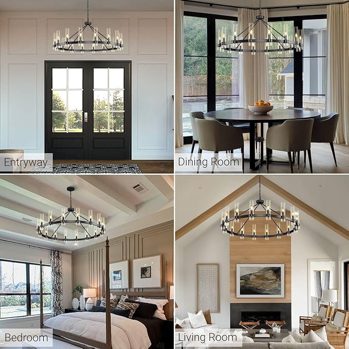 Black Wagon Wheel Chandelier, 48" Modern Chandeliers with Glass Shade, 16-Light Large Chandelier for High Ceiling, Farmhouse Chandeliers for Dining Room, Living Room, Foyer, Stairway(Bulbs Included)