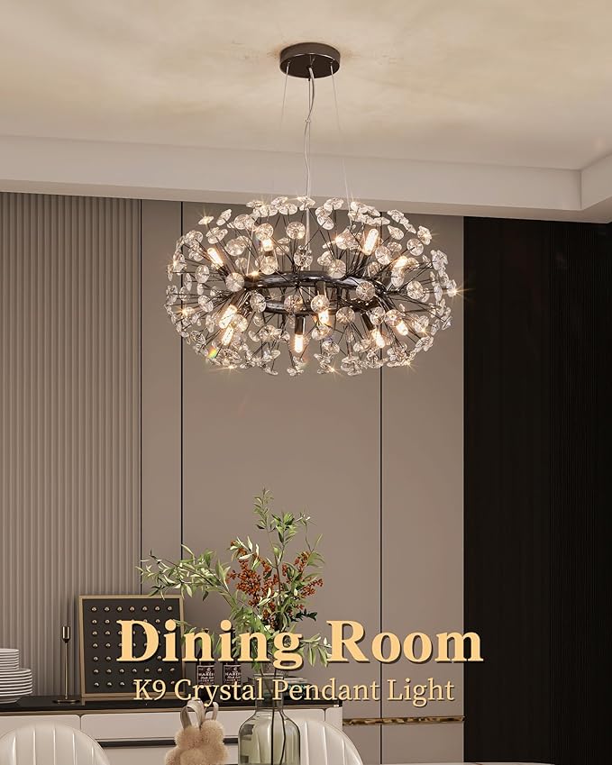 Modern Firework Chandelier, Farmhouse Black Crystal Round Dandelion Sputnik Chandeliers, 23.62" Contemporary 12-Light Pendant Hanging Lighting for Dining Room Kitchen Bedroom Living Room
