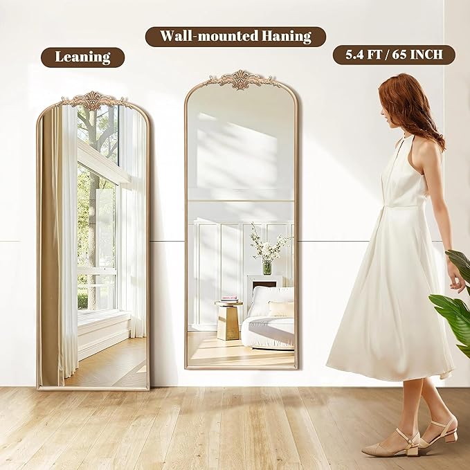 Arched Mirror Full Length: 21"x56" Champagne Gold Vintage Full Body Mirror - Floor Antique Baroque Traditional Ornate for Entryway/Cloakroom/Bedroom - Home Decor for Fashion-Conscious
