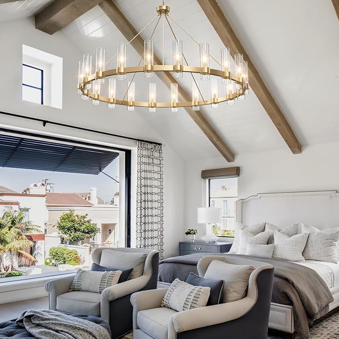 60" Gold Wagon Wheel Chandelier, Large 20-Light Farmhouse Round Pendant Light Fixture with Glass Shade, Hanging High Ceilings Chandeliers for Dining Room Kitchen Foyer Entryway Living Room