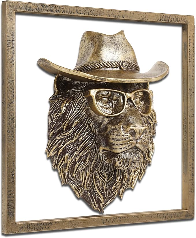 JJALIGHTS Exquisite Resin Animal Head Wall Sculpture (Gift Metal Frame) - Imitation Copper Vintage Decor for Living Room, Bedroom & Office | Decorative Wall Hanging Art (Lion)