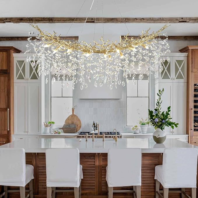55inch Crystal Rectangle Chandelier for Dining Room, Gold Tree Branch Chandeliers Over Table, Top K9 Crystal Modern Chandeliers for Kitchen Island,Dining Table,Luxury Rectangular Chandeliers
