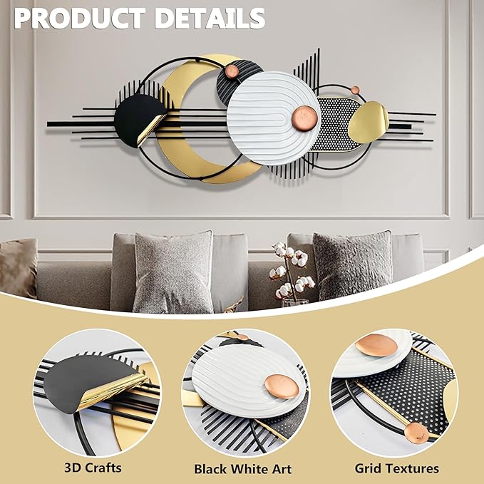 Metal Wall Art, Black and White Gold Wall Sculptures, Minimalist Geometric Decor, 3D Large 59"*21” Wall Art for Living Room Bedroom Bathroom Study Modern Wall Decor, Home Hanging Wall Sculpture