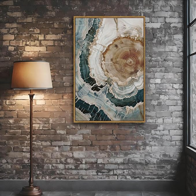 BingruiArt Large Framed Tree Ring Wall Art Wood Canvas Colorful Boho Wall Decor Rustic Artwork Abstract Painting Farmhouse Picture Nature Print for Living Room Bedroom Bathroom 24"x36" Natural Framed(06)
