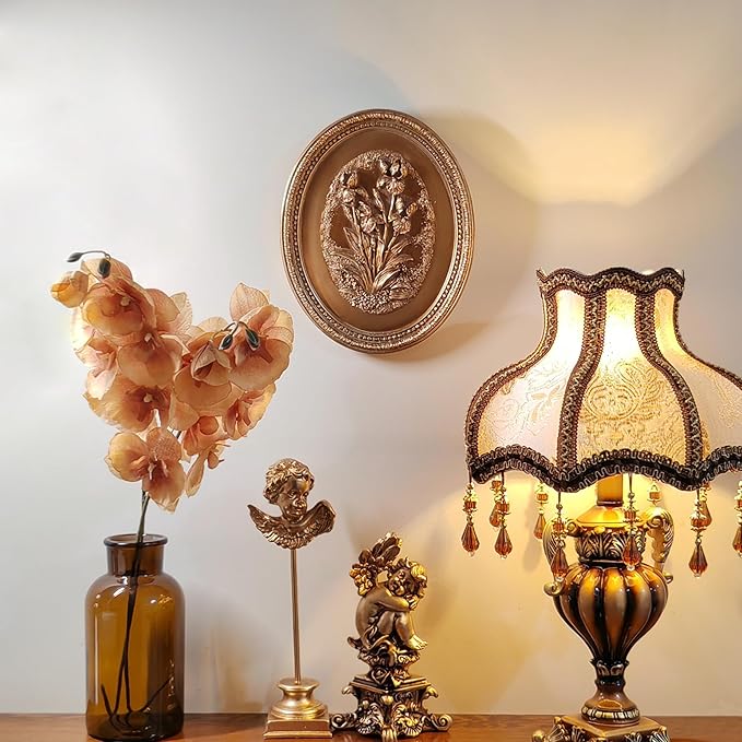 Kangce Vintage Wall Sculptures,Antique Wall Art with Hand-Carved Iris Pattern, Victorian Home Decor,for Living Room, Bedroom,Hallway Gallery,Oval,Bronze