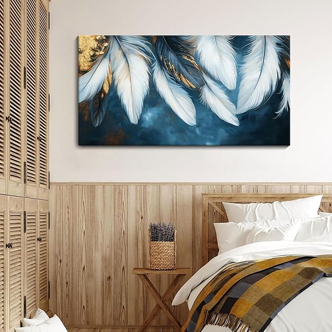 Mofutinpo Blue and Gold Wall Art Navy Blue Pictures for Living Room Feather Canvas Wall Art Blue Bedroom Wall Decor Above Bed Pictures Wall Decor, Painting - Artwork for Walls 20×40IN