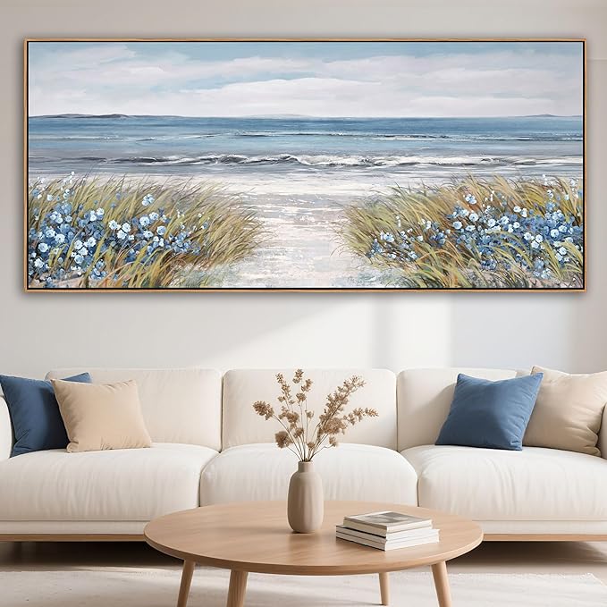 XLSJERST Large Framed Wall Art for Living Room Decor - Farmhouse Boho Beach Coastal Vintage Floral Ocean Wall Picture Flowers Sea Canvas Print Artwork for Home Bedroom Office 86x39 Inches