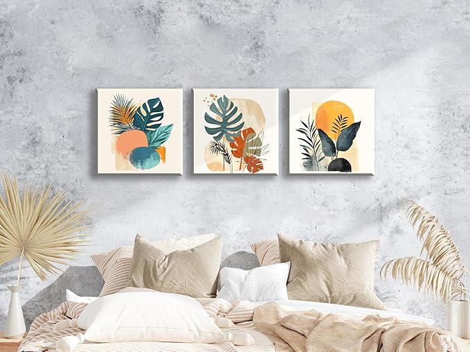 NAN Wind 3 Panels Modern Abstract Tropical Canvas Wall Art Colorful Leaf Prints Contemporary Botanical Art for Living Room Minimalist Plant Decor Geometric Palm & Monstera Leaf Paintings Home Decor