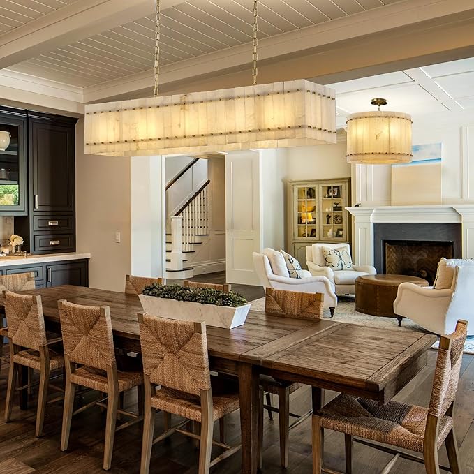 22.4" Round Alabaster Chandelier, Modern Dining Room Chandeliers with Adjust Height, 6-Light Marble Hanging Pendant Dining Light Fixture for Kitchen Island, Living Room, Bedroom, Foyer, Entryway