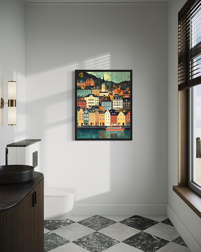 Bergen Norway Wall Art Poster Print, Vintage Retro Landscape Scenery Painting Artwork Travel Prints Decor Cityscape Landmarks Gallery 27 (Bergen Norway, 8 x 10 inches, Unframed)