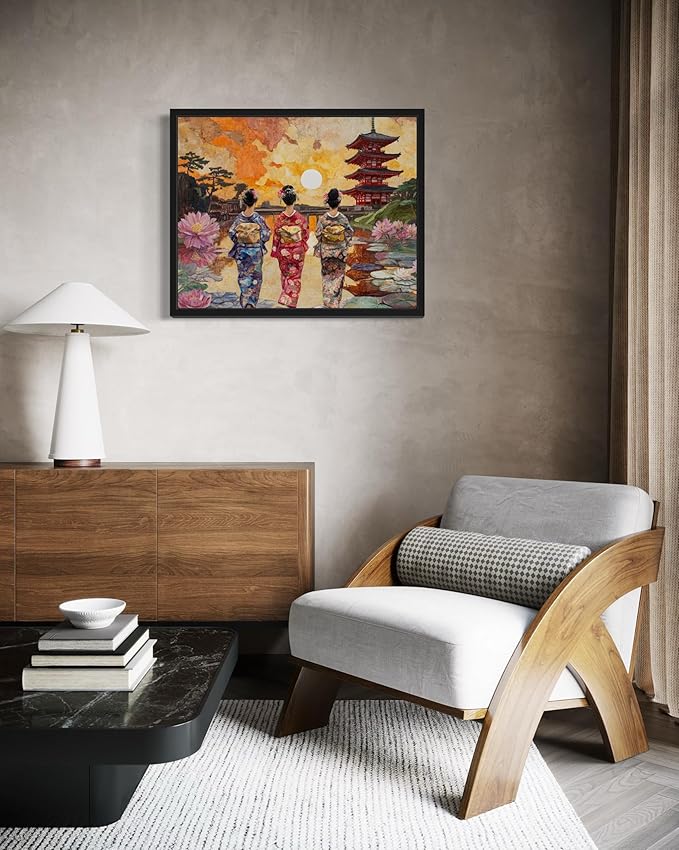 Japan Art Print Poster, Asia Oriental Countries Culture Wall Art Asian Paintings for Bedroom Bathroom Living Room Decor 97 (Japan, 16 x 20 inches, Black Frame)