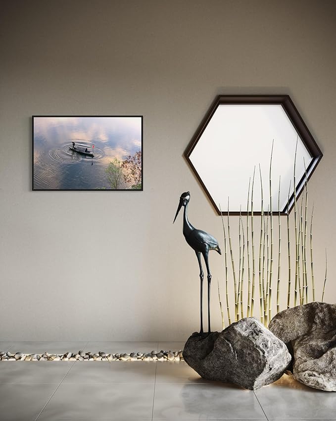 Oriental Beauty: Stunning Feng Shui Landscape Wall Art Prints for Home Decor in 3 Sizes (Silent Waters: Traditional Boatman at Dawn, 24" x 36")
