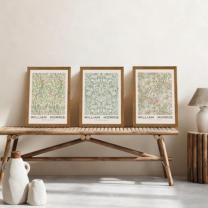JLTULT 3 Piece Wood Frames Vintage Floral Canvas Wall Art, William Morris Flower Pattern Wall Decor, Nature Botanical Picture Artwork Prints for Living Room Bedroom Office 12x16 inch Easy to hang