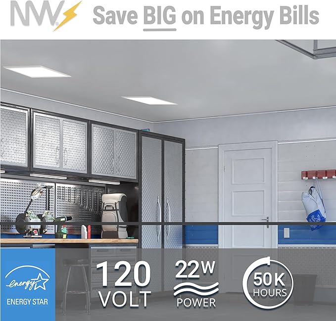 NUWATT 1x2 FT LED Flat Panel, 5CCT 2700K/3000K/3500K/4000K/5000K Selectable, 2000LM, 22W, Internal Driver, Dimmable, 120V, CRI90, 1 x 2 Surface Mount Panel, 12x24 Flush Mount LED Light, 1" Inch Thin