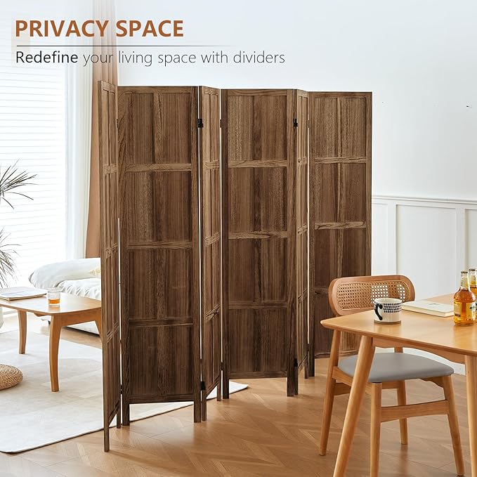 6 Panel Room Divider Wall, 5.6 FT Folding Privacy Screen Room Divider, Partition Divider for Room Separation, Room Partition Separator, Wooden Divider Screen for Home Office Bedroom (Brown)