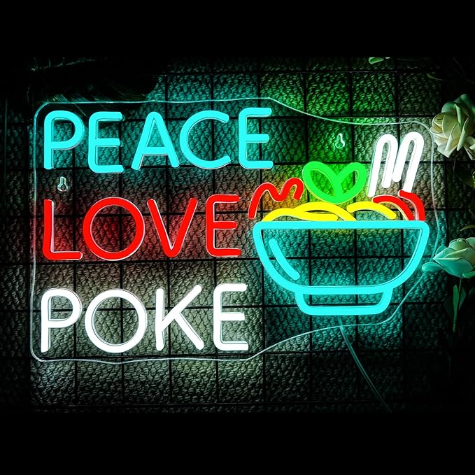 Looklight Peace Love Poke Ramen Neon Sign,Noodles Led Lights Neon Lights for Wall Decor Light Up Signs for Restaurant Kitchen Dinning Room Japanese Noodle Shop