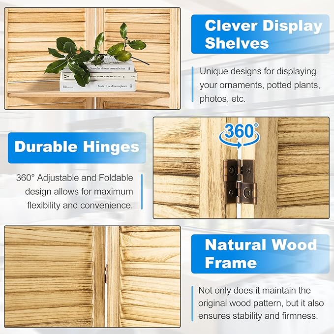 2 PCS Room Dividers 5.6FT Louvered Design 6 Panel Room Dividers with Display Shelves Folding Privacy Screens Portable Freestanding Partition Wall Dividers for Bedroom, Natural Wood
