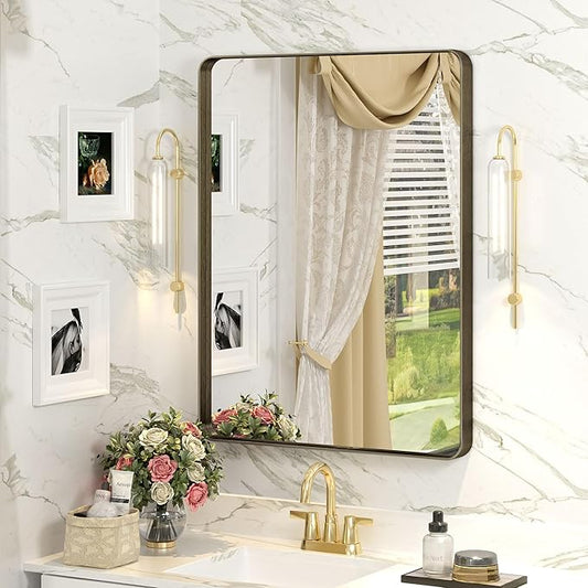 22x30 Bronze Bathroom Wall Mirror, Brushed Metal Framed Vanity Mirror for Wall, Rounded Rectangle Mirror for Modern Farmhouse Wall, Anti-Rust (Horizontal/Vertical)