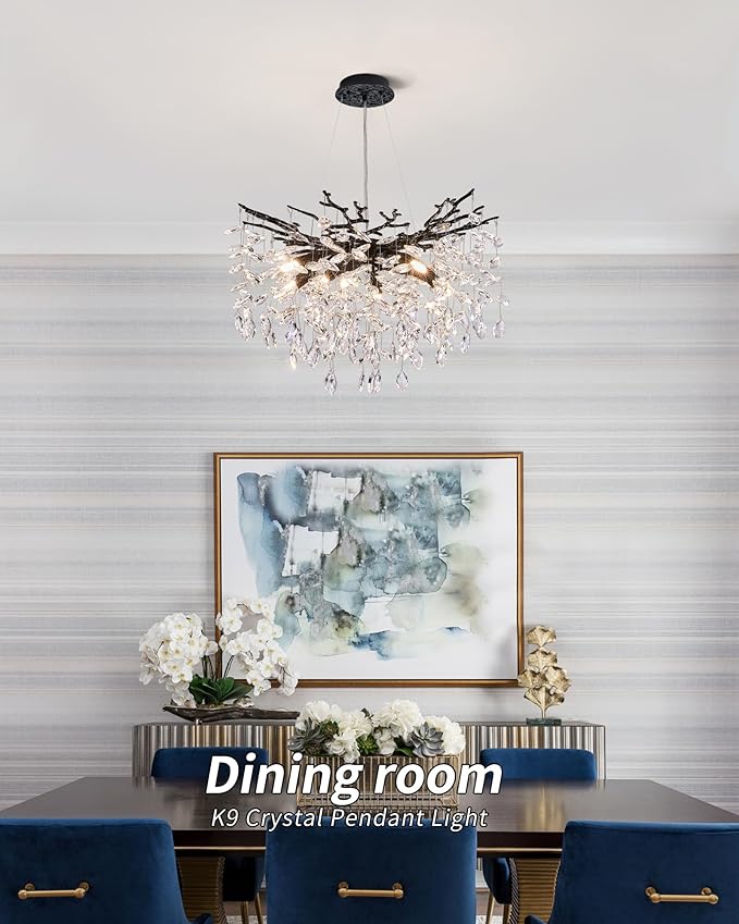 Modern Tree Branch Crystal Chandelier Luxury Blacl Crystal Pendant Lighting 23.6" Contemporary 8-Light Chandeliers for Dining Room Kitchen Bedroom Living Room