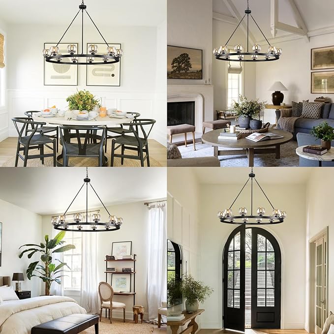 Black Wagon Wheel Chandelier, 48 Inch Black Chandeliers with Unique Glass Shade, 12-Light Crystal Large Wagon Wheel Chandeliers for Dining Room, High Ceiling Round Chandelier for Living Room, Foyer