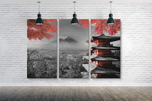 Blaze Canvas Japanese Temple in Autumn Black White Red Canvas Art Wall Art Home Decor (3 Piece Medium)
