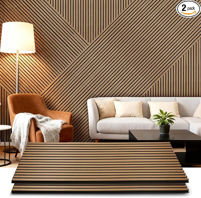 Acoustic Wood Slat Panels 2 Pack 47.6" x 23.6", Soundproof Wooden Wall Panels, 3D Fluted Panel for Interior Wall Decor, Living Room, Bedroom - Teak (Cover Approx. 16 sq.ft)