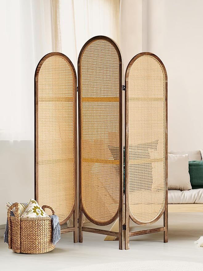 3 Panel Hand-Woven Rattan Room Dividers and Folding Privacy Screens with Bi-Directional Hinge, Pre-Assembled Partition Room Dividers for Home Office Bedroom, Dark Brown