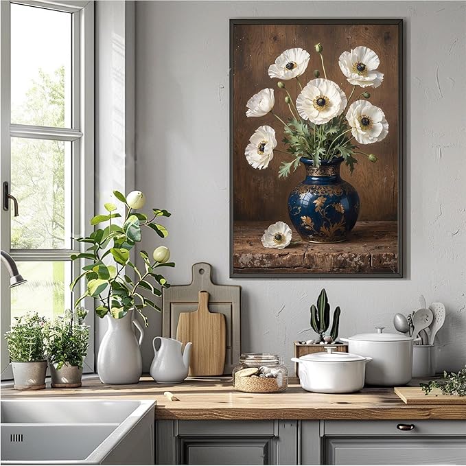 Vintage white poppy flowers canvas painting ornate blue vase gold floral pattern rustic textured wood background ruffled petals green leaves vertical composition botanical wall art home decor