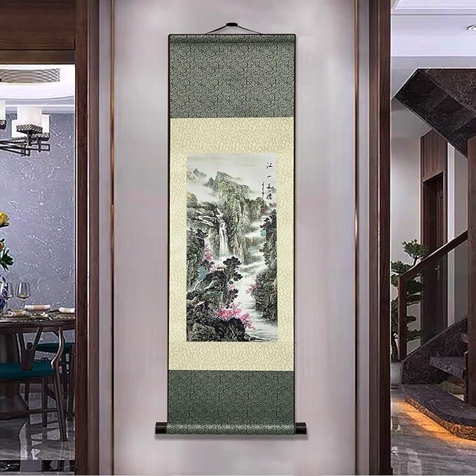 AtfArt Wall Art Asian Decor Beautiful Silk Scroll Painting - Jiangshan Duojiao, Chinese Art, Wall Hanging (36.2 x 12 in)