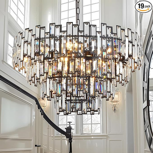 Modern Crystal Chandelier Lighting Hall Grand Living Room Stairway Chandeliers Pendant Light Fixture for High Ceiling Hanging Round Large Black & Bronze