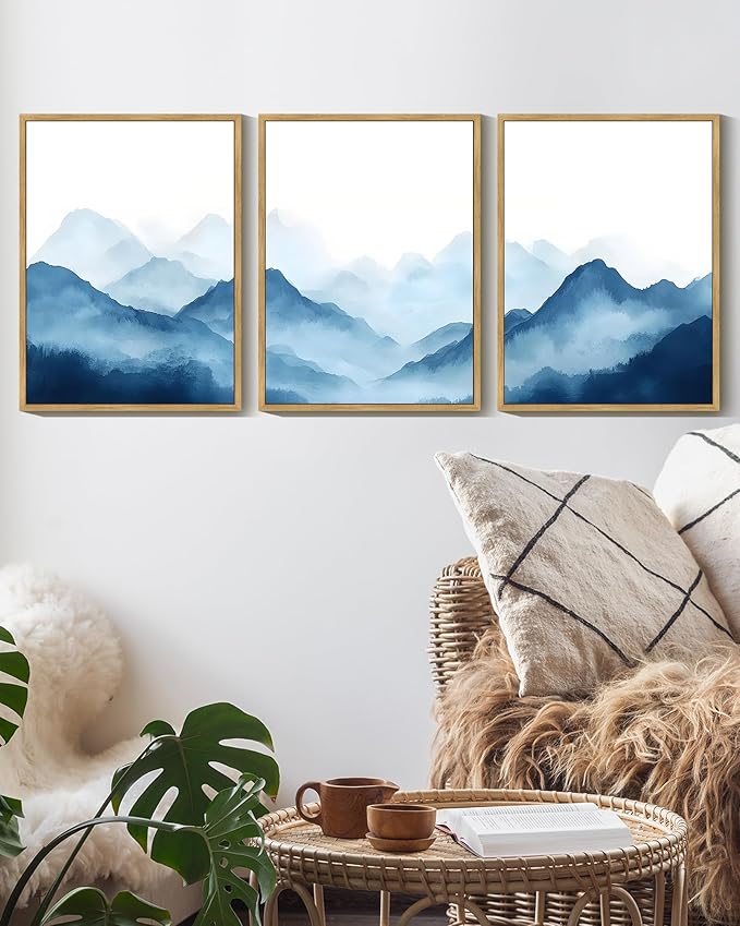 KUVIOKE Blue Watercolor Mountains in Fog Framed Wall Art Wilderness Nature Landscape Painting Rustic Scenic Relax Cool Home Decor 12x16in (Natural Framed)