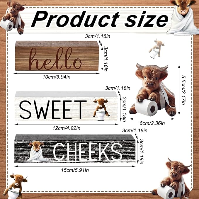 4 Pcs Christmas Highland Cow Bathroom Decor Farmhouse Bathroom Decoration Western Hello Sweet Cheeks Table Centerpiece