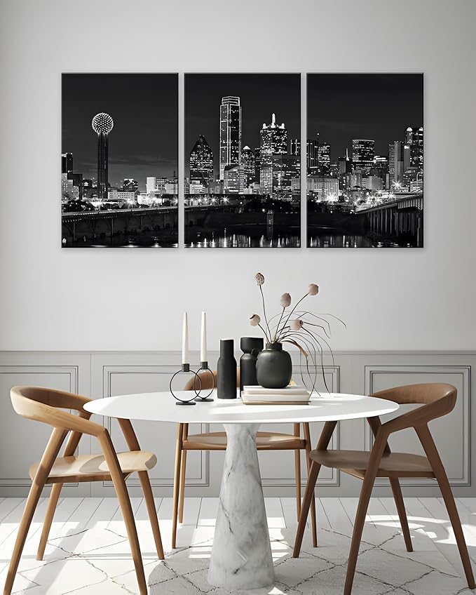 NAN Wind 3 Pcs Dallas Skyline Canvas Wall Art Black and White Cityscape Night Scene Modern City Giclee Prints on Canvas Framed Urban Home Decor Skyscrapers Picture Painting for Room Decor