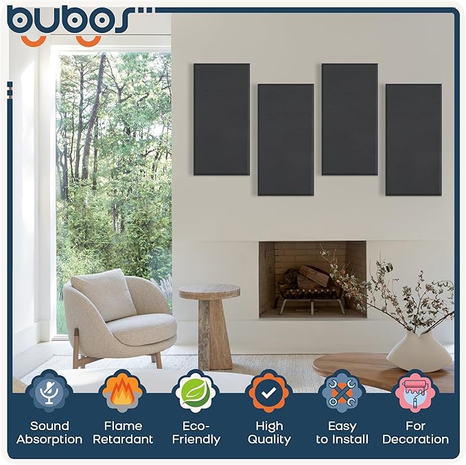 BUBOS 4 PCS Acoustic Panels,23.6''x11.8'' Fabric Soundproof Wall Panels,Self-adhesive Sound Absorbing Panels for Studios, Office, Home Theater,Fabric-Clad Black