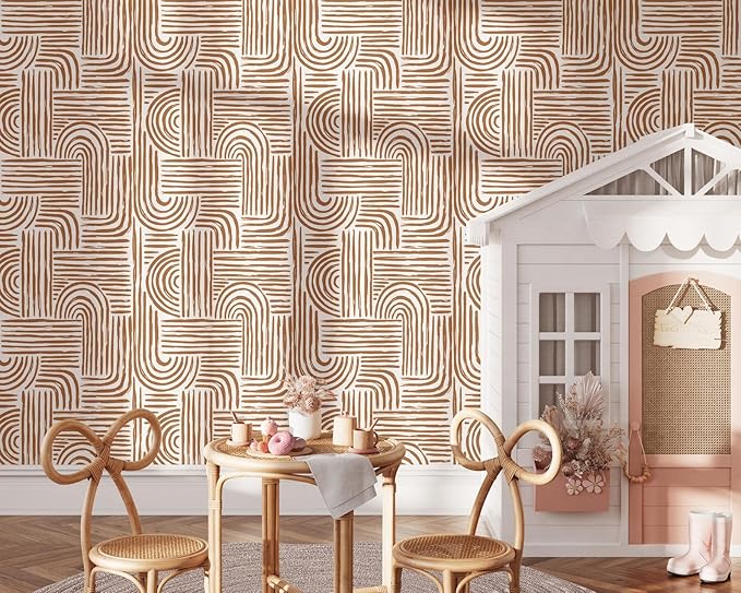 Minimalist Abstract Lines Wallpaper | Removable Self Adhesive Brown Boho Wallpaper | Geometrical Rounded Lines Peel and Stick Wallpaper (1 roll 24" W x 72" H)