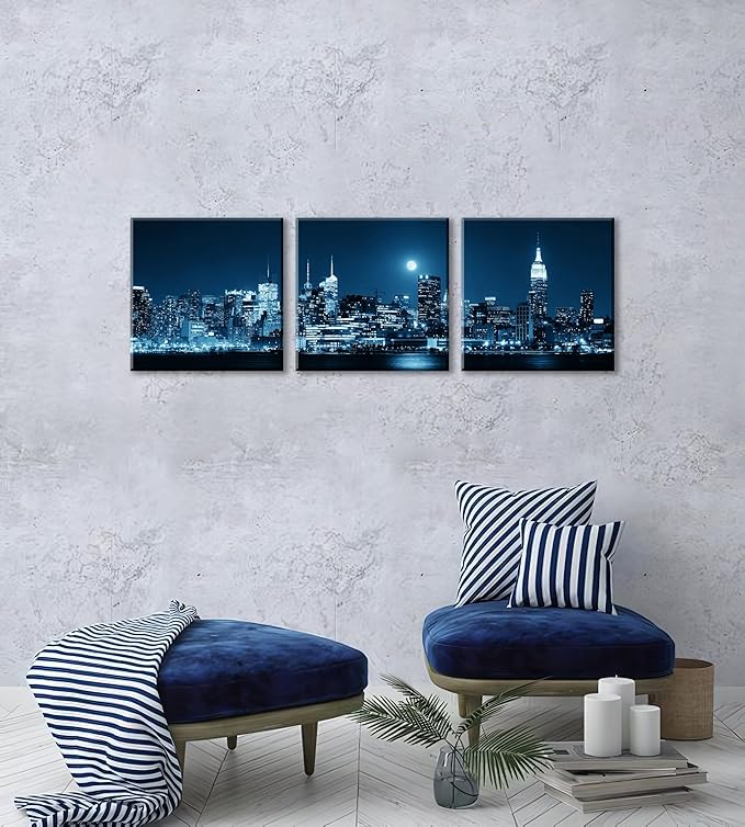 NAN Wind 3-Piece Modern Manhattan Night Skyline Canvas Art Blue Moon Urban Cityscape Wall Decor Contemporary NYC-Inspired Night View Panoramic Prints Framed City Canvas Set for Home Office Living Room